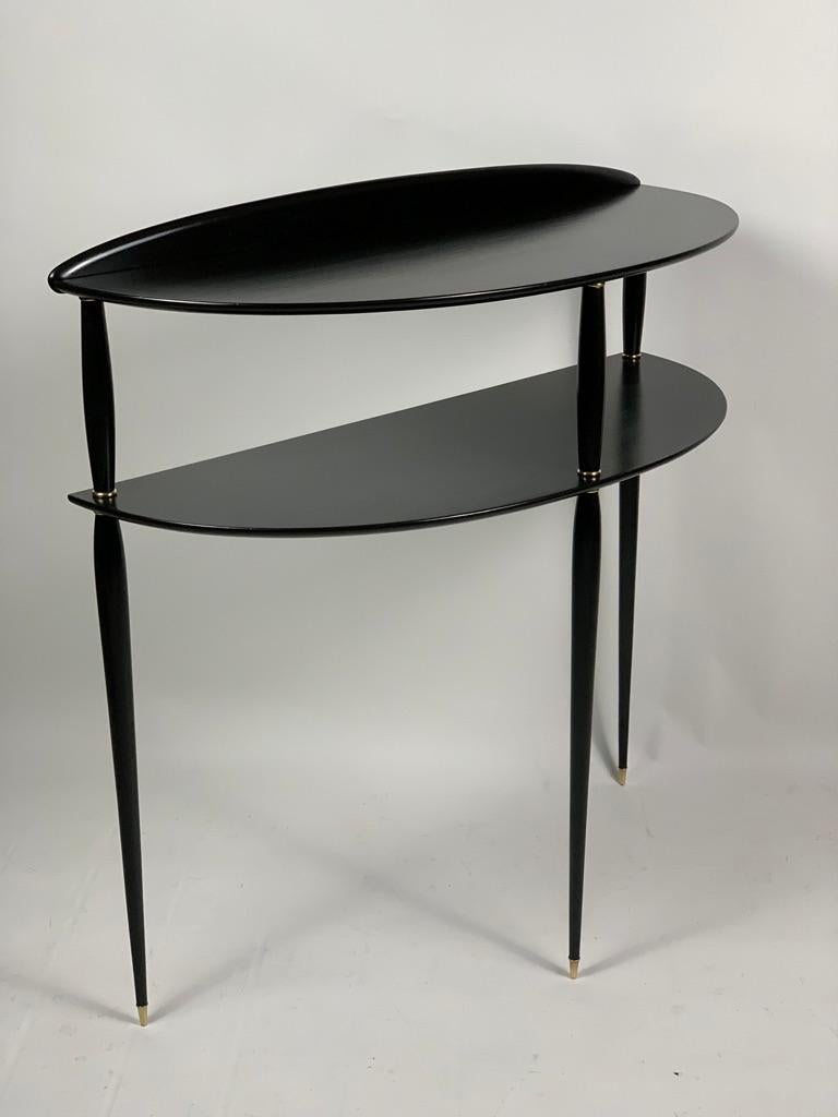 Mid-20th Century Midcentury Italian Demilune Double Shelve Black Console Brass Details