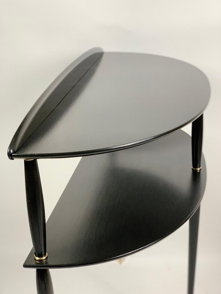 Midcentury Italian Demilune Double Shelve Black Console Brass Details 2