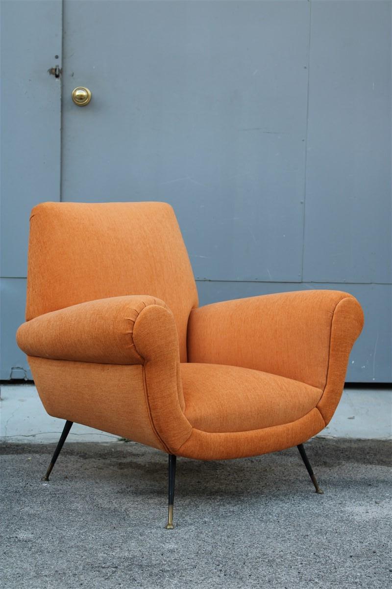 Midcentury Italian Design Armchair Orange Velvet Brass Iron Feet Gigi Radice.