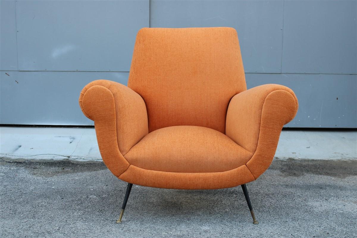 Mid-20th Century Midcentury Italian Design Armchair Orange Velvet Brass Iron Feet Gigi Radice For Sale