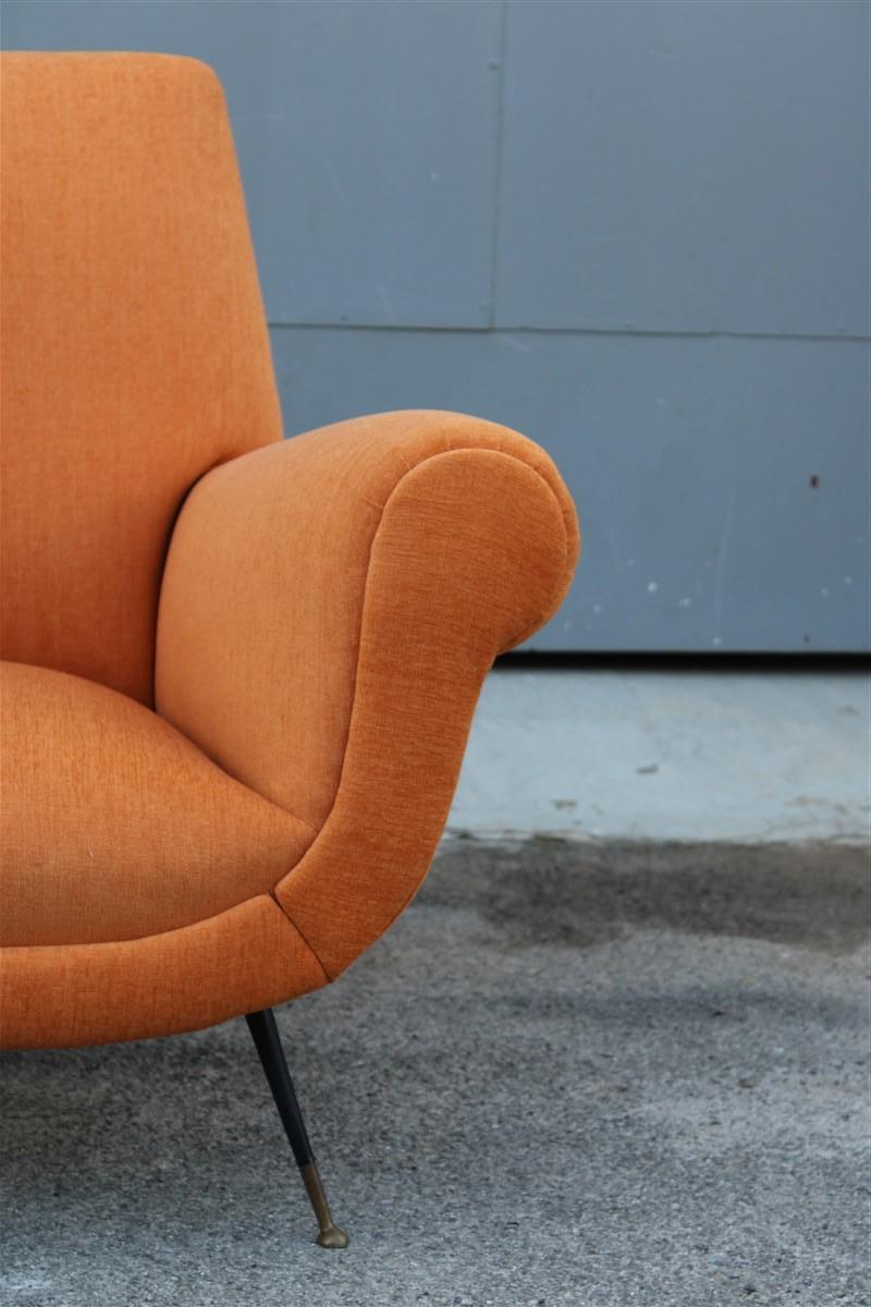 Midcentury Italian Design Armchair Orange Velvet Brass Iron Feet Gigi Radice For Sale 1