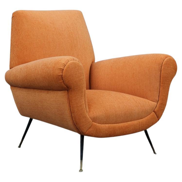 Midcentury Italian Design Armchair Orange Velvet Brass Iron Feet Gigi Radice For Sale