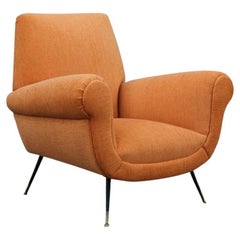 Midcentury Italian Design Armchair Orange Velvet Brass Iron Feet Gigi Radice