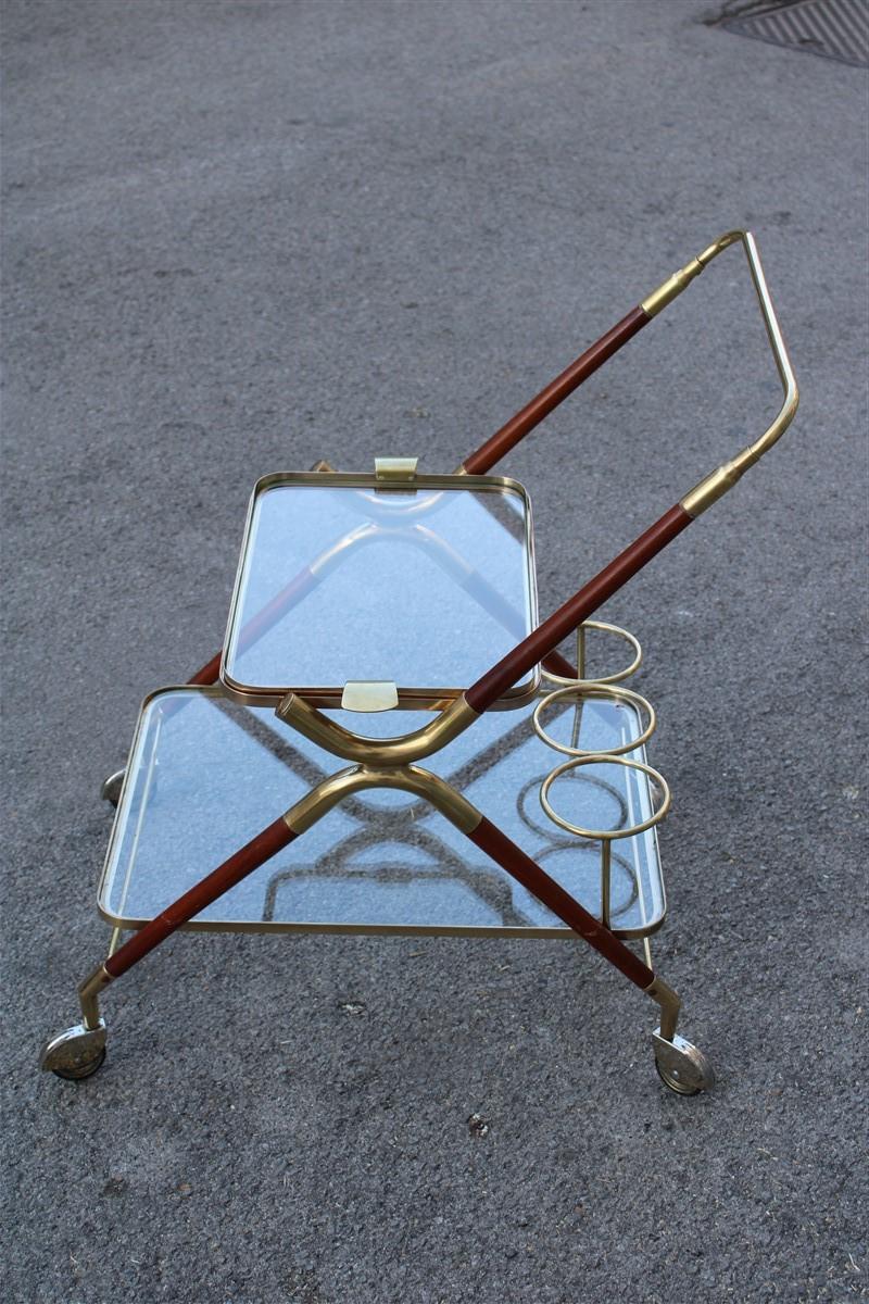 Midcentury Italian design bar cart wood and brass gold glass top removable tray.