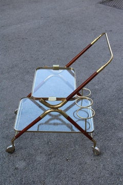 Midcentury Italian Design Bar Cart Wood and Brass Gold Glass Top Removable Tray