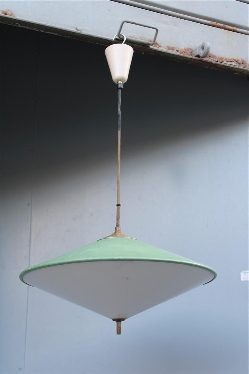 Mid-century Italian design Chandelier Green metal Brass parts 1950s UFO  In Good Condition For Sale In Palermo, Sicily