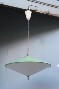 Mid-century Italian design Chandelier Green metal Brass parts 1950s UFO