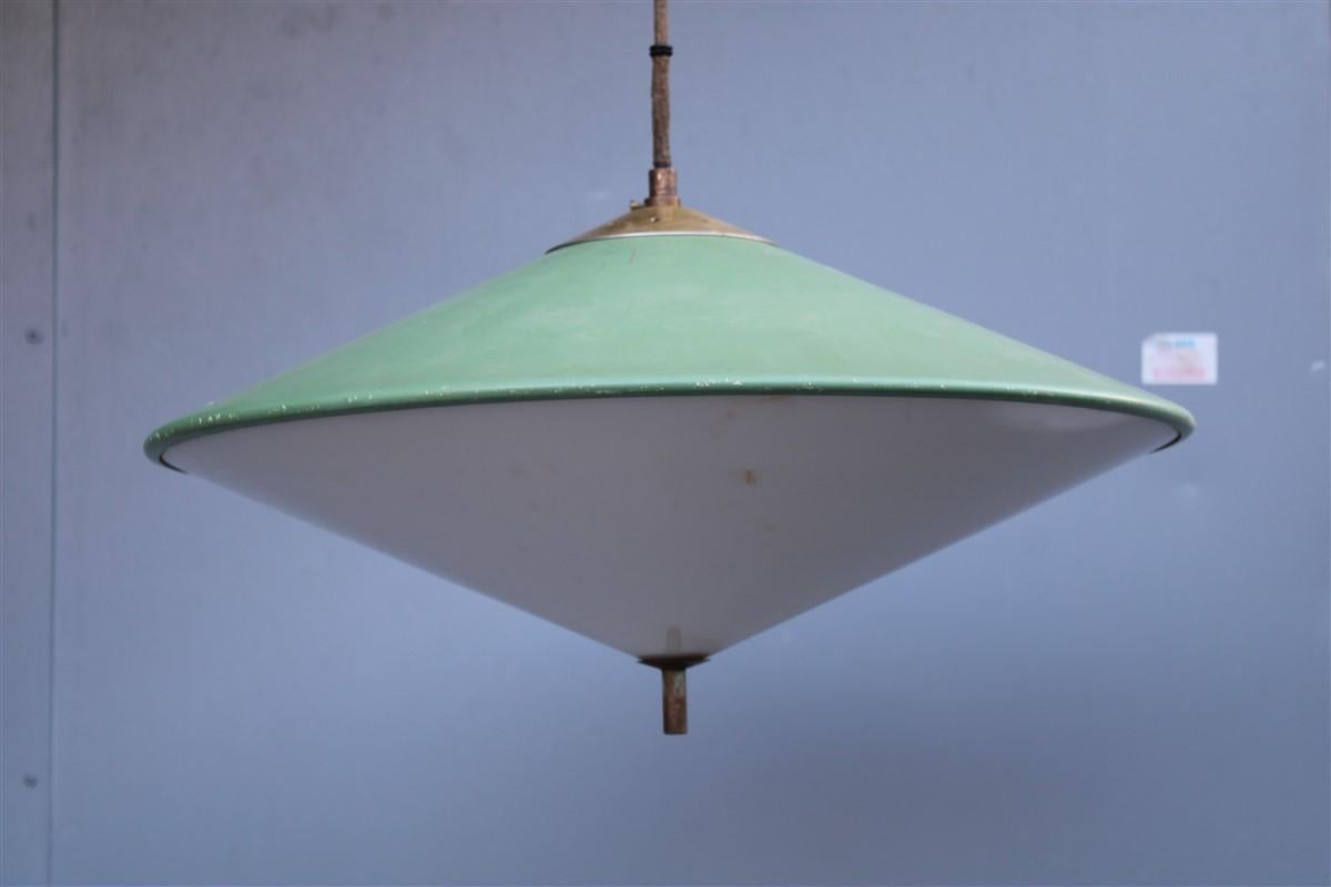 Mid-century Italian design Chandelier Green metal Brass parts 1950s UFO  For Sale 1