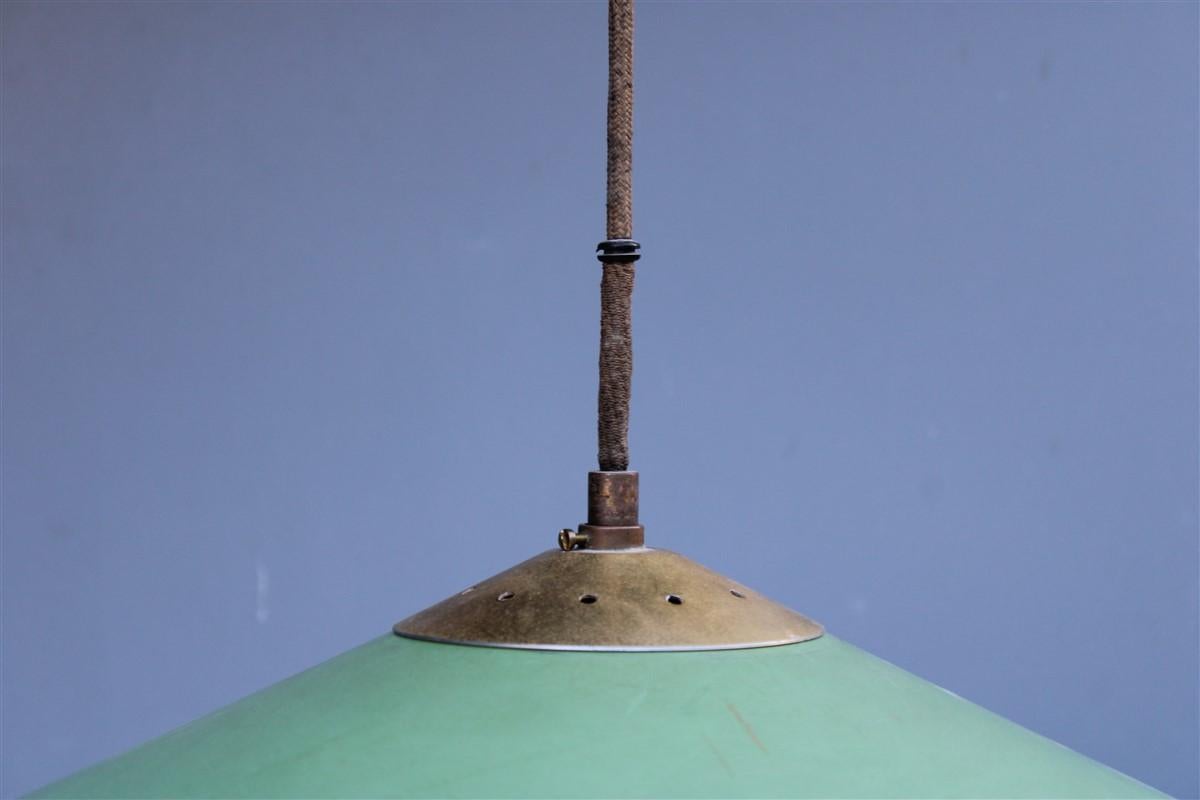 Mid-century Italian design Chandelier Green metal Brass parts 1950s UFO  For Sale 3