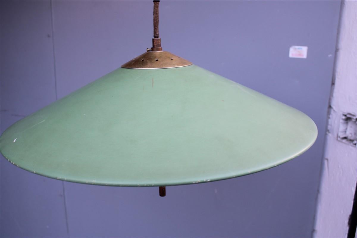 Mid-century Italian design Chandelier Green metal Brass parts 1950s UFO  For Sale 4
