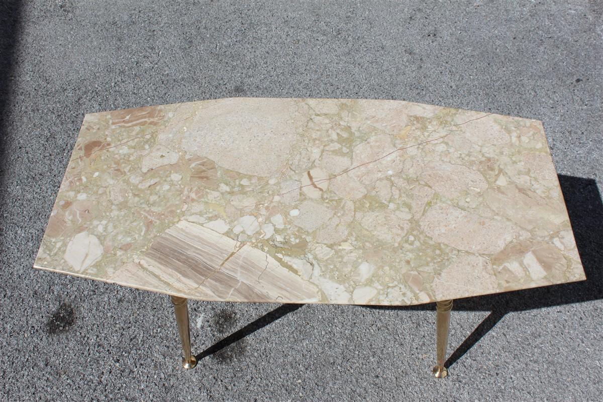 Midcentury Italian design coffee table octagonal beige marble with gold brass.