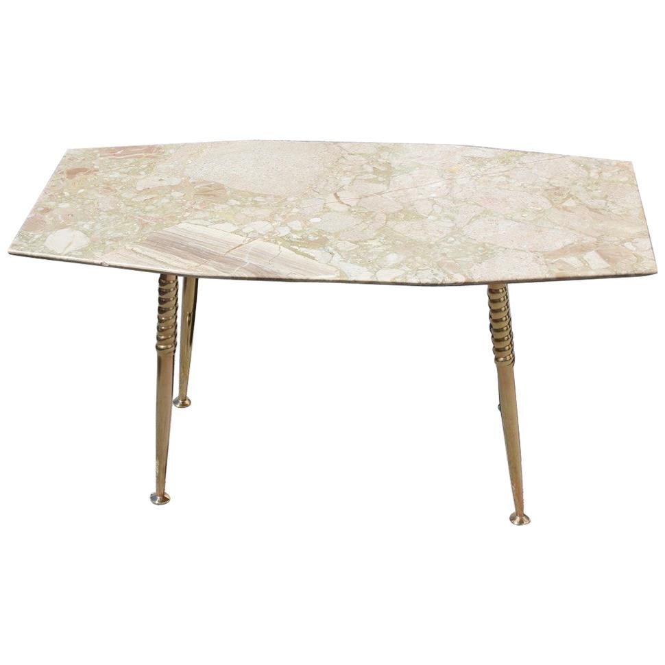 Midcentury Italian Design Coffee Table Octagonal Beige Marble with Gold Brass For Sale