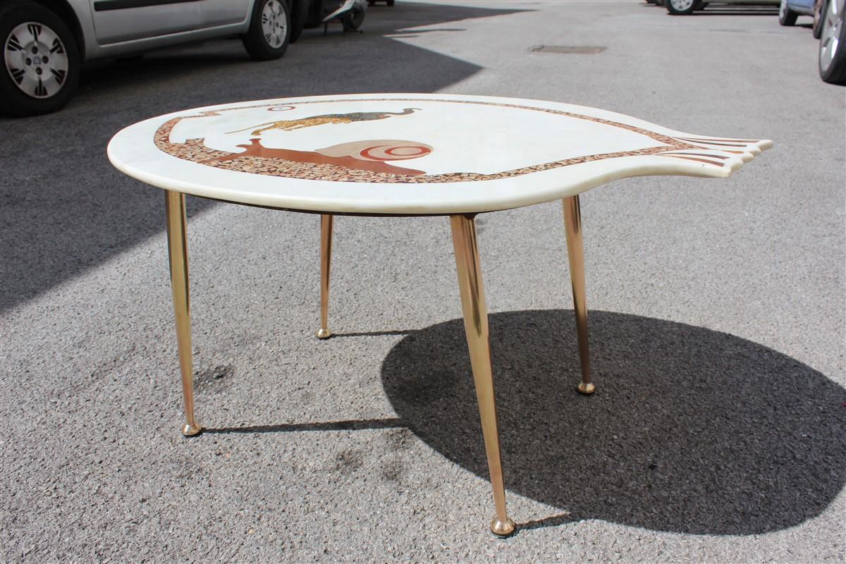 Midcentury Italian Design Coffee Table with Golden Brass Marble Inlaid Fish 5
