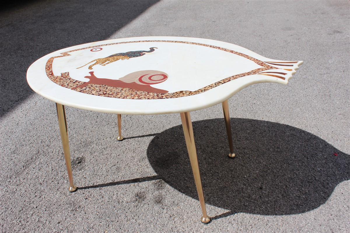 Mid-20th Century Midcentury Italian Design Coffee Table with Golden Brass Marble Inlaid Fish