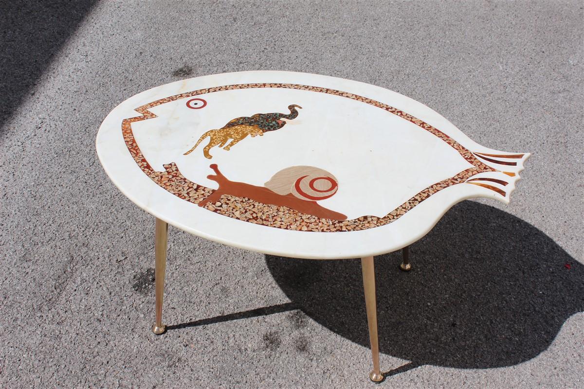 Midcentury Italian Design Coffee Table with Golden Brass Marble Inlaid Fish 1