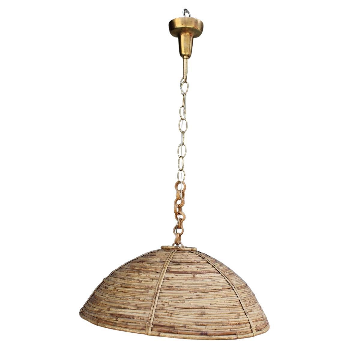 Mid-Century Italian Design Round Chandelier Bamboo Whit Brass Part, 1950s