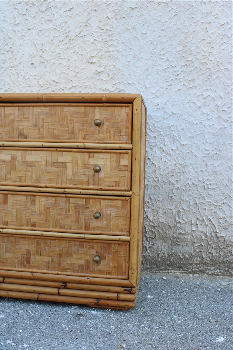 Midcentury Italian Design Solid Bamboo Chest of Drawers with Brass Handles Draw 6