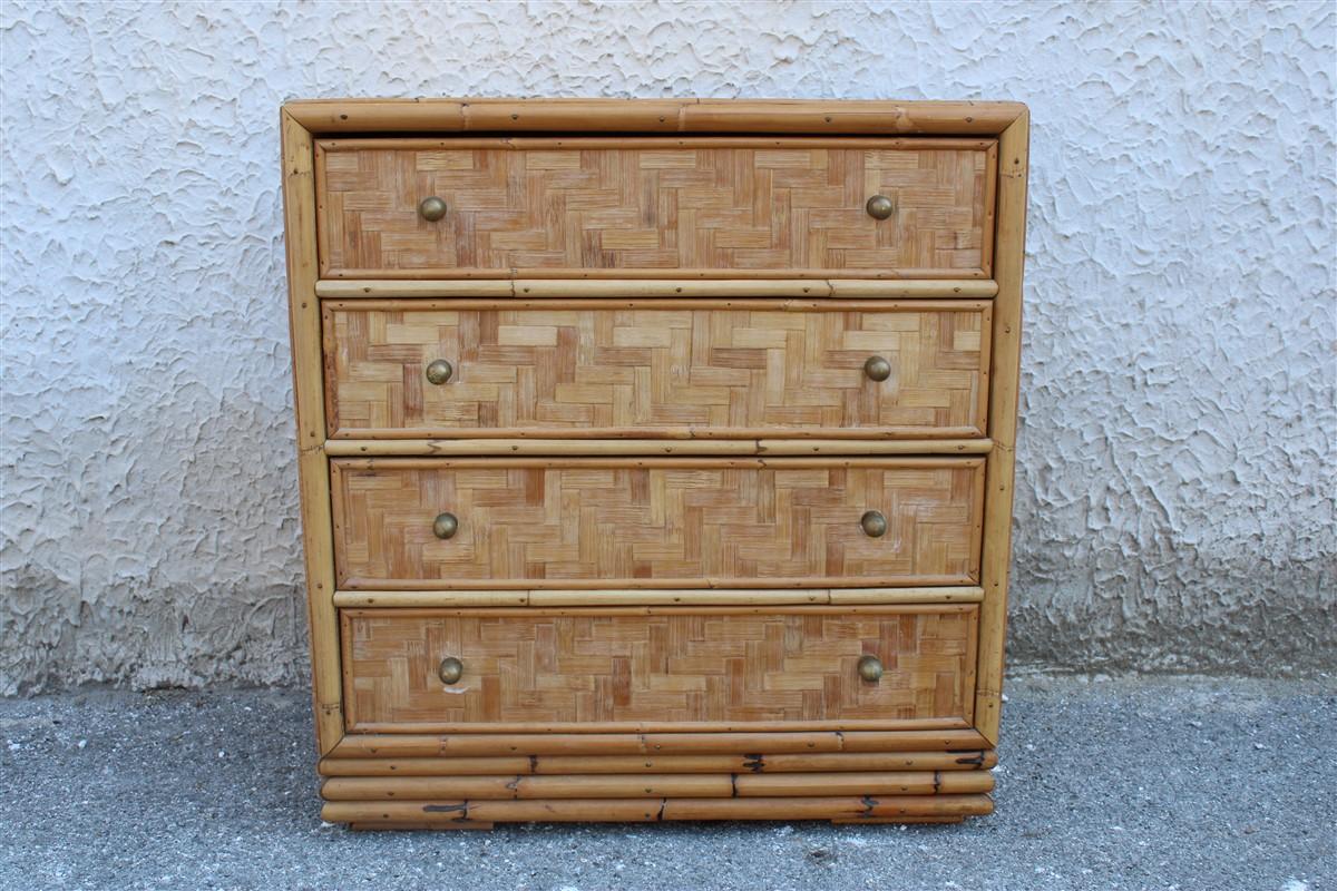 Midcentury Italian Design Solid Bamboo Chest of Drawers with Brass Handles Draw 7