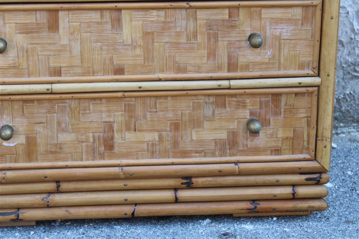 Midcentury Italian Design Solid Bamboo Chest of Drawers with Brass Handles Draw 10
