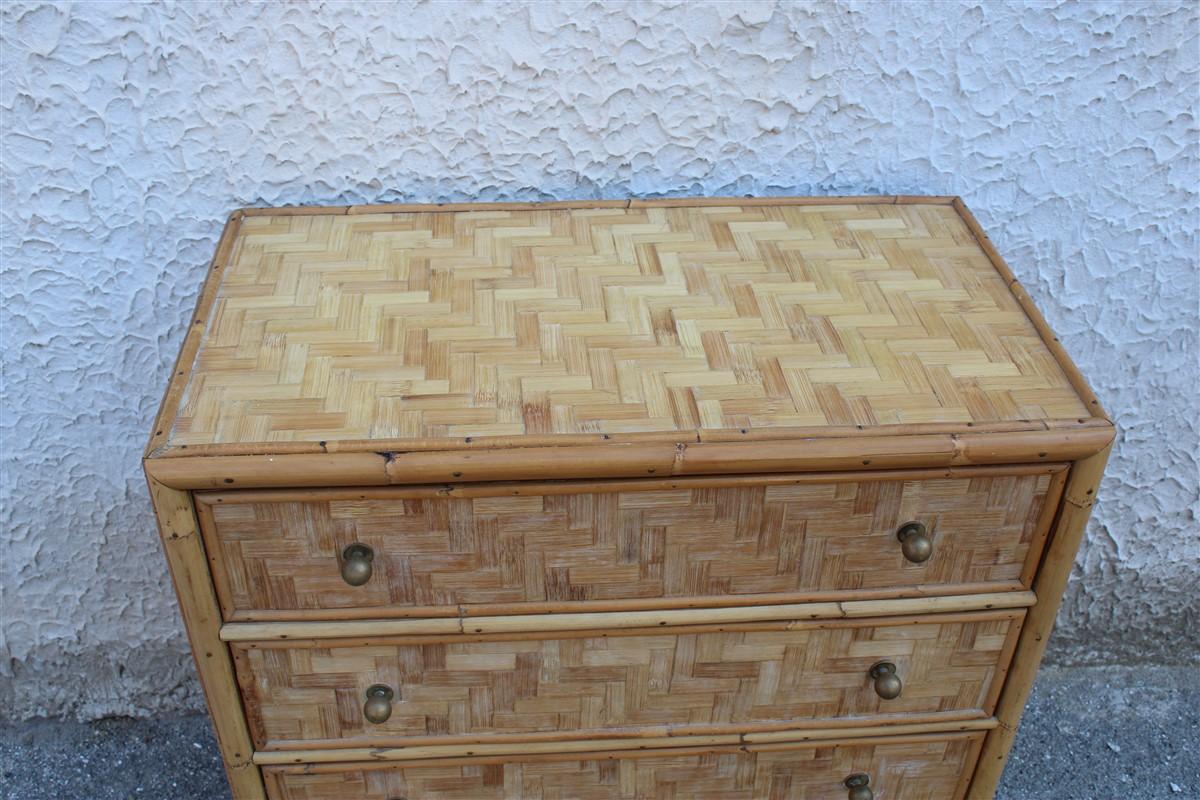 Midcentury Italian Design Solid Bamboo Chest of Drawers with Brass Handles Draw 11