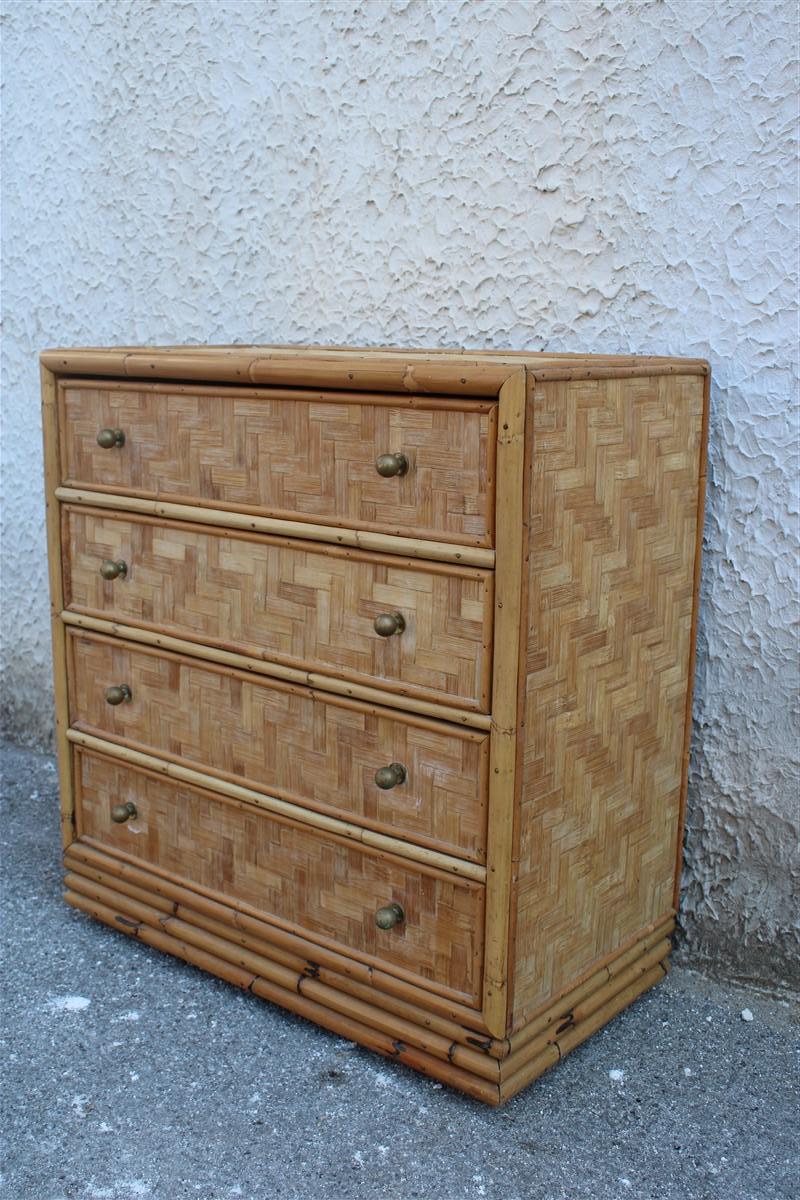 Midcentury Italian design solid bamboo chest of drawers with brass handles drawers.