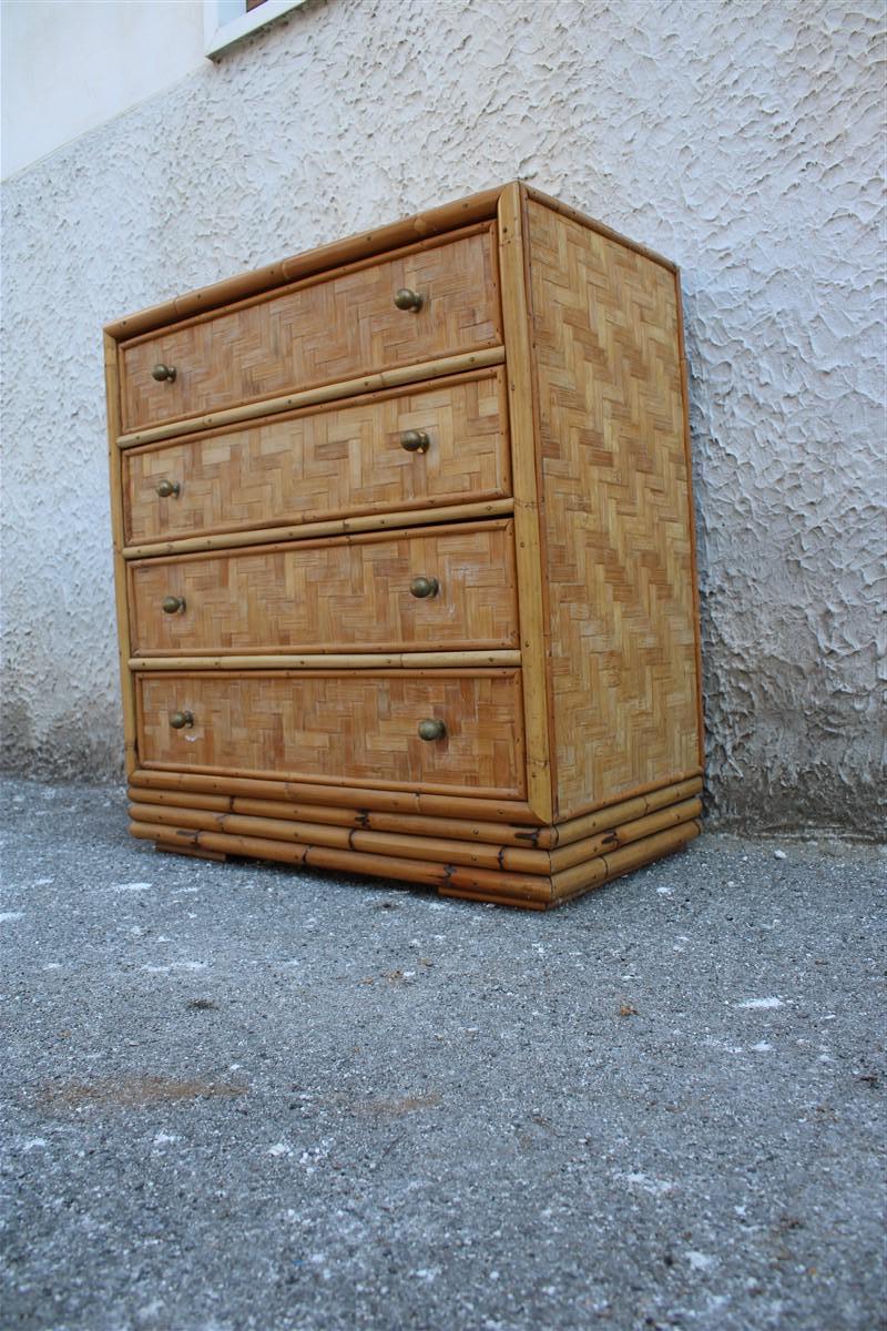 Mid-Century Modern Midcentury Italian Design Solid Bamboo Chest of Drawers with Brass Handles Draw