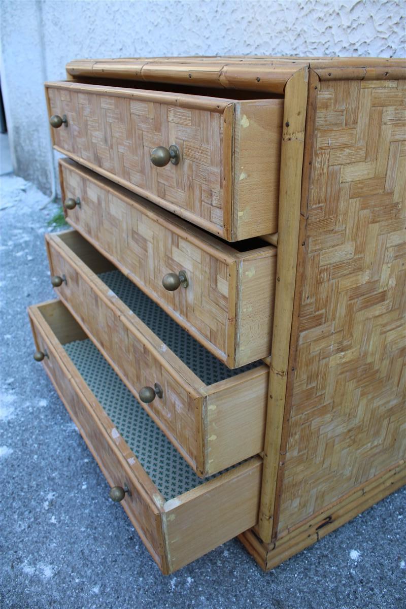 Midcentury Italian Design Solid Bamboo Chest of Drawers with Brass Handles Draw In Good Condition In Palermo, Sicily
