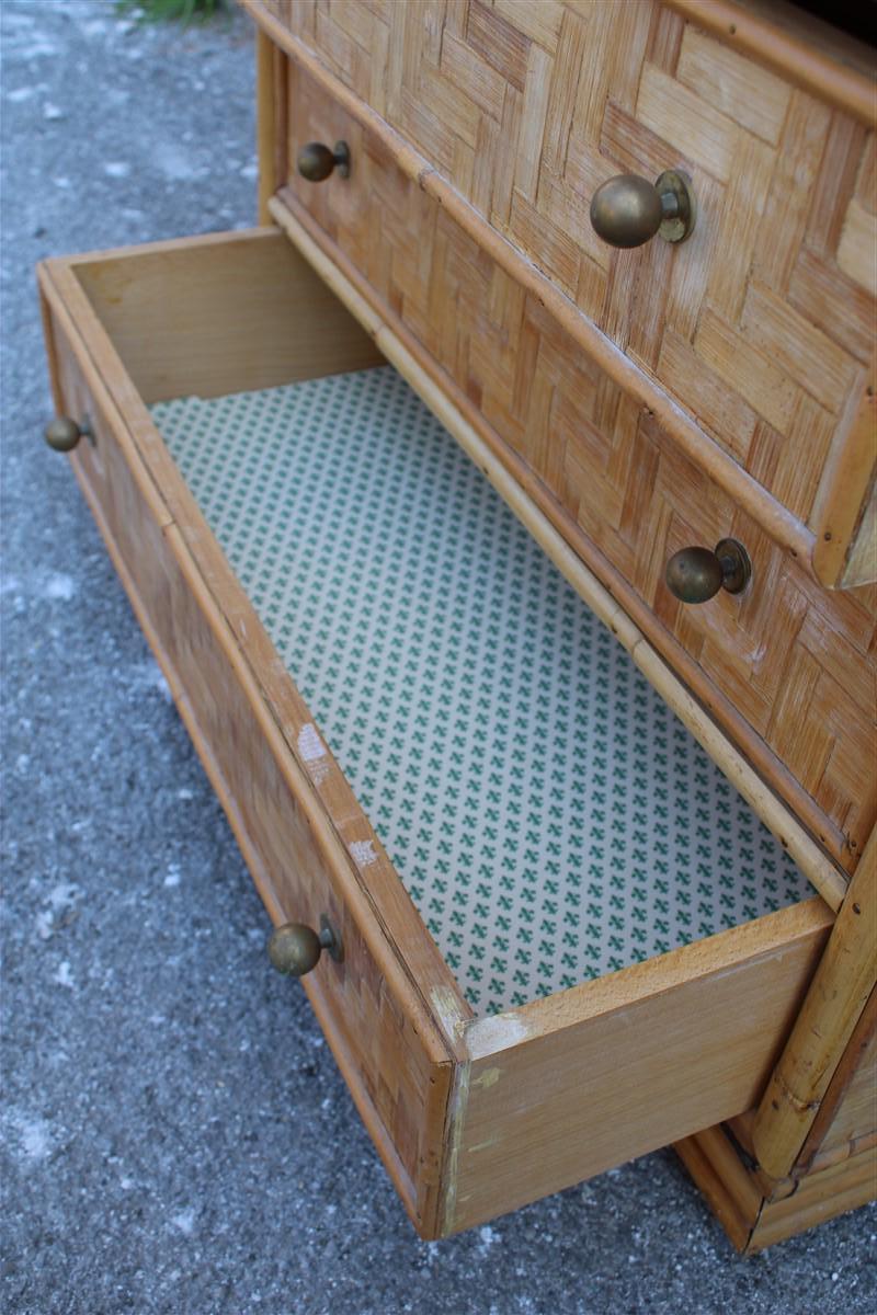 Mid-20th Century Midcentury Italian Design Solid Bamboo Chest of Drawers with Brass Handles Draw