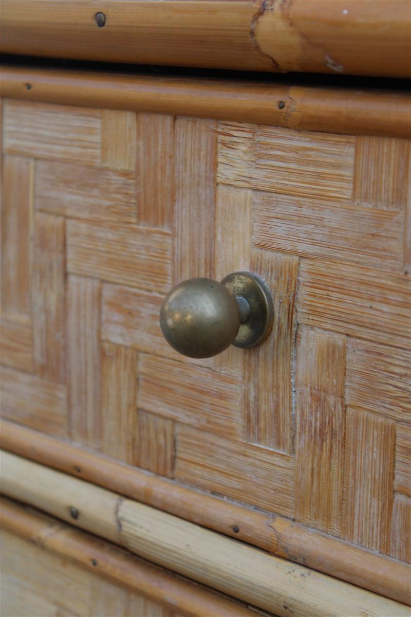 Midcentury Italian Design Solid Bamboo Chest of Drawers with Brass Handles Draw 1