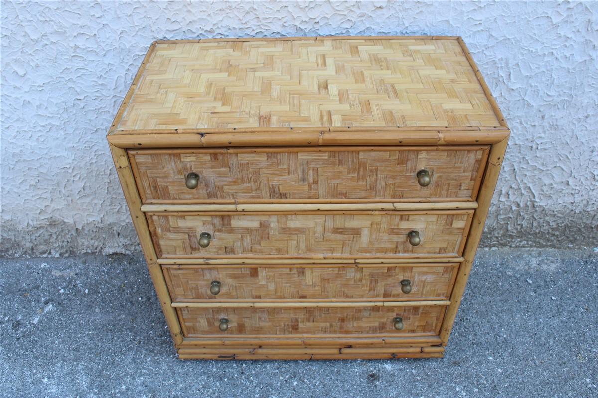 Midcentury Italian Design Solid Bamboo Chest of Drawers with Brass Handles Draw 4