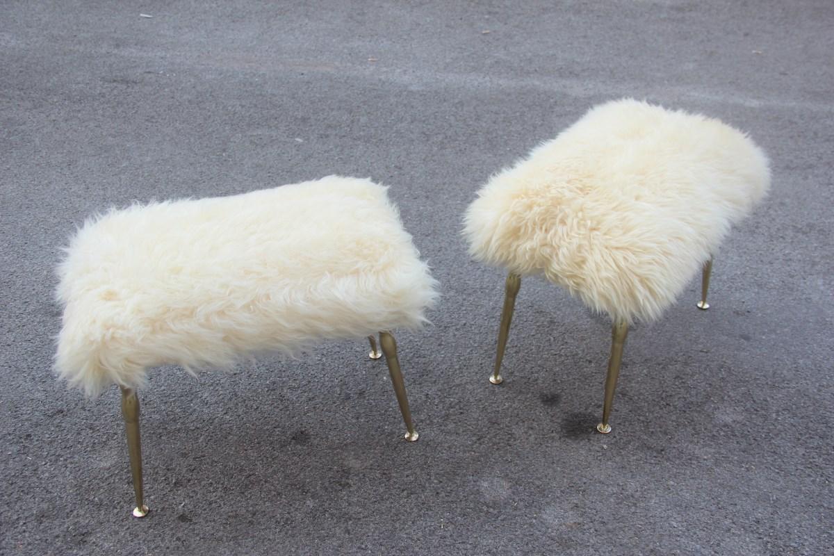 Midcentury Italian Design Stools in Brass and Rectangular Seats Sheep, 1950s 5