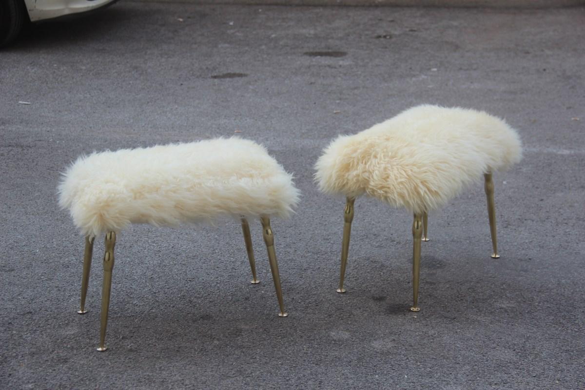 Midcentury Italian design stools in brass and rectangular seats sheep, 1950s.