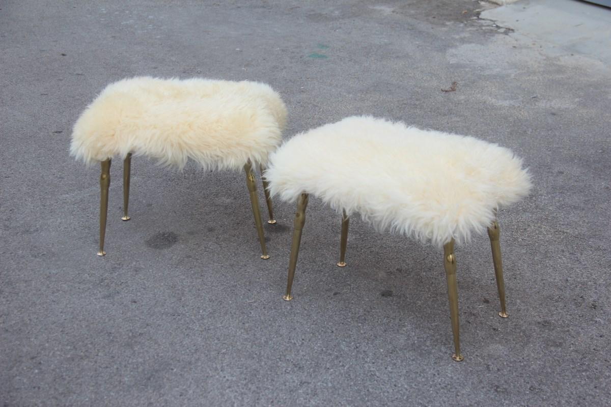 Midcentury Italian Design Stools in Brass and Rectangular Seats Sheep, 1950s 2