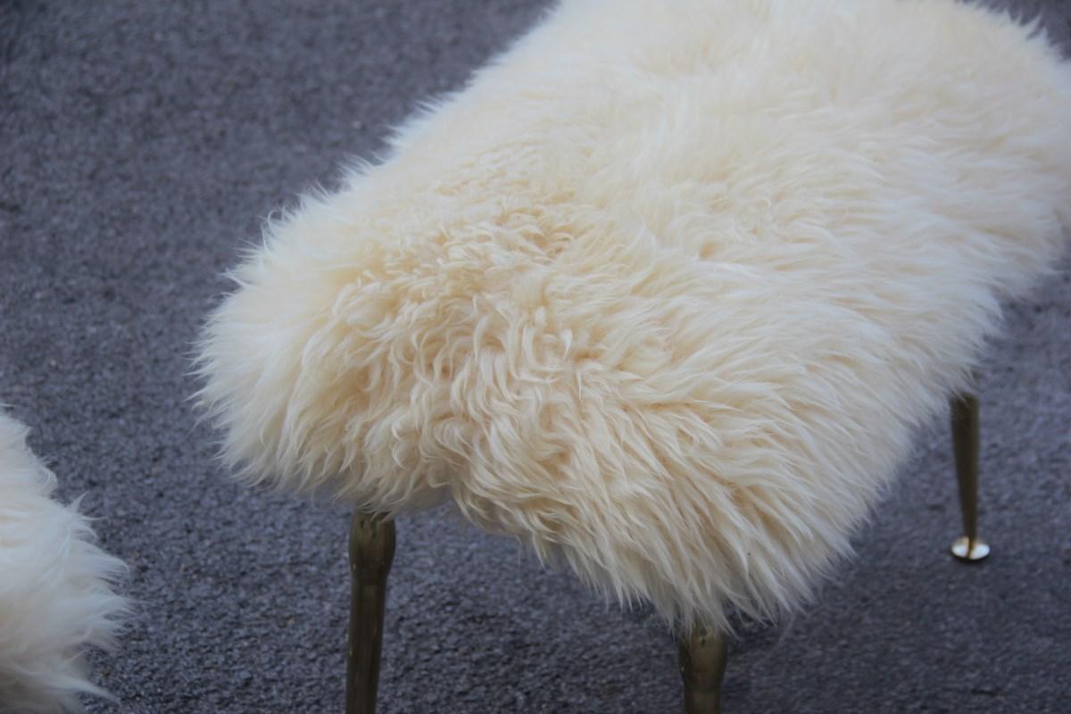 Midcentury Italian Design Stools in Brass and Rectangular Seats Sheep, 1950s 4