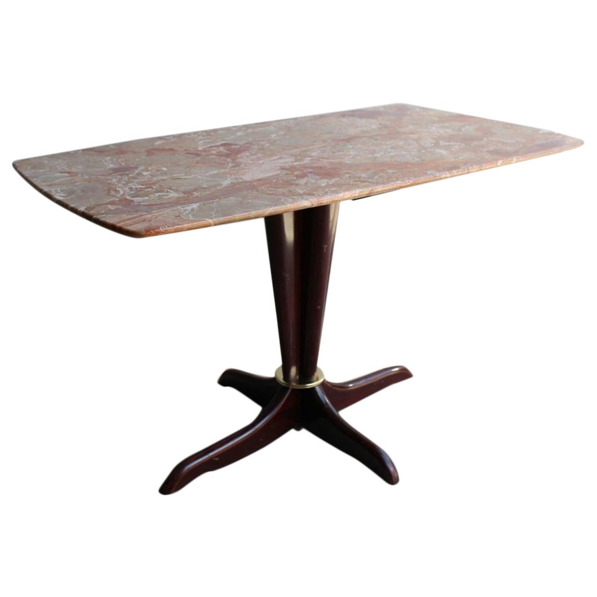 Midcentury Italian Design Table Coffee Mahogany Brass Marble Gold Brown Beige For Sale
