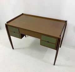 Mid-Century Modern Wooden Italian Desk with 4 Green Drawers