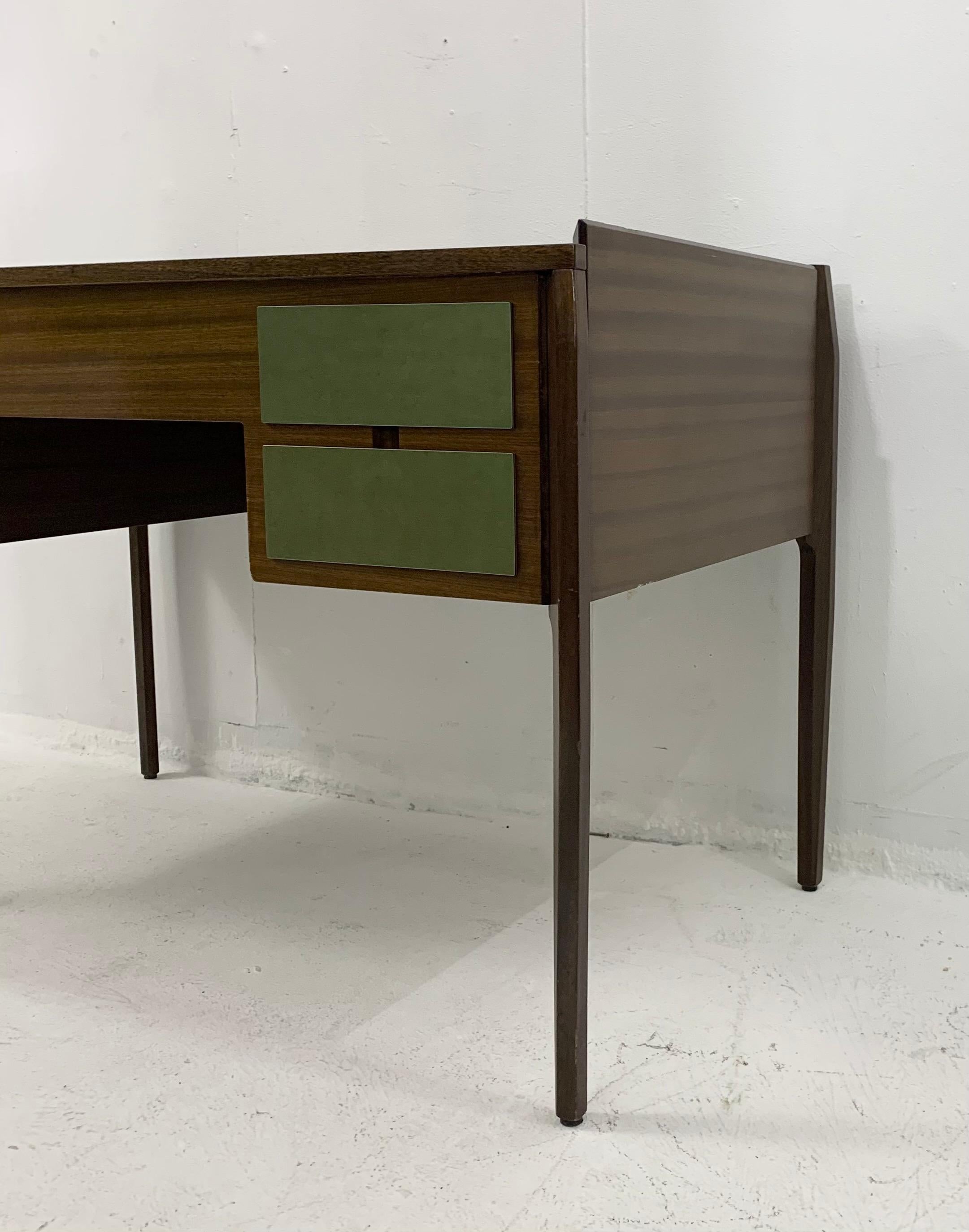 Mid-20th Century Mid-Century Modern Wooden Italian Desk with 4 Green Drawers  For Sale
