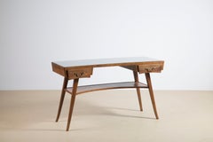 Mid-Century Italian Desk in Walnut with Glass Top, Italy, 1950s