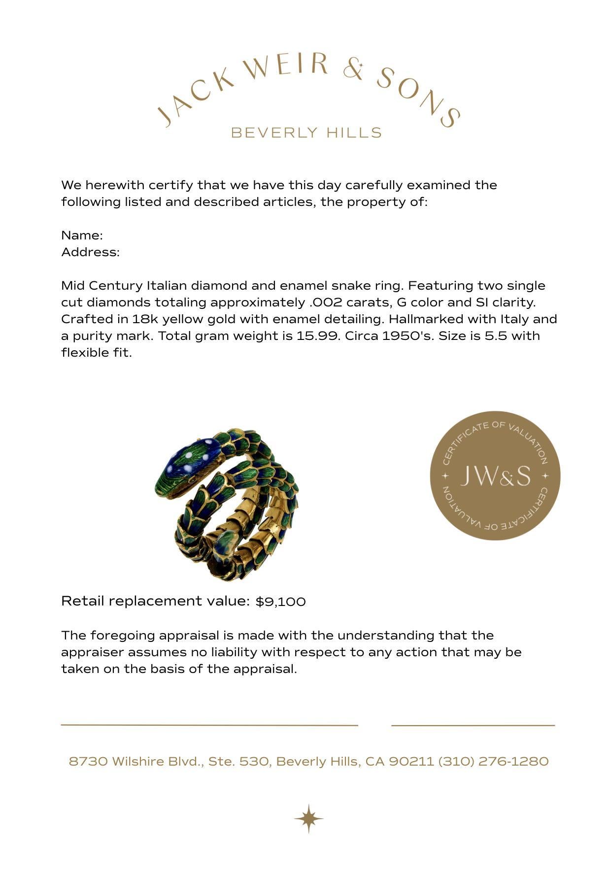Women's Mid Century Italian diamond 18k yellow gold and enamel snake ring For Sale