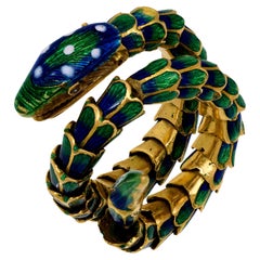 Mid Century Italian diamond 18k yellow gold and enamel snake ring