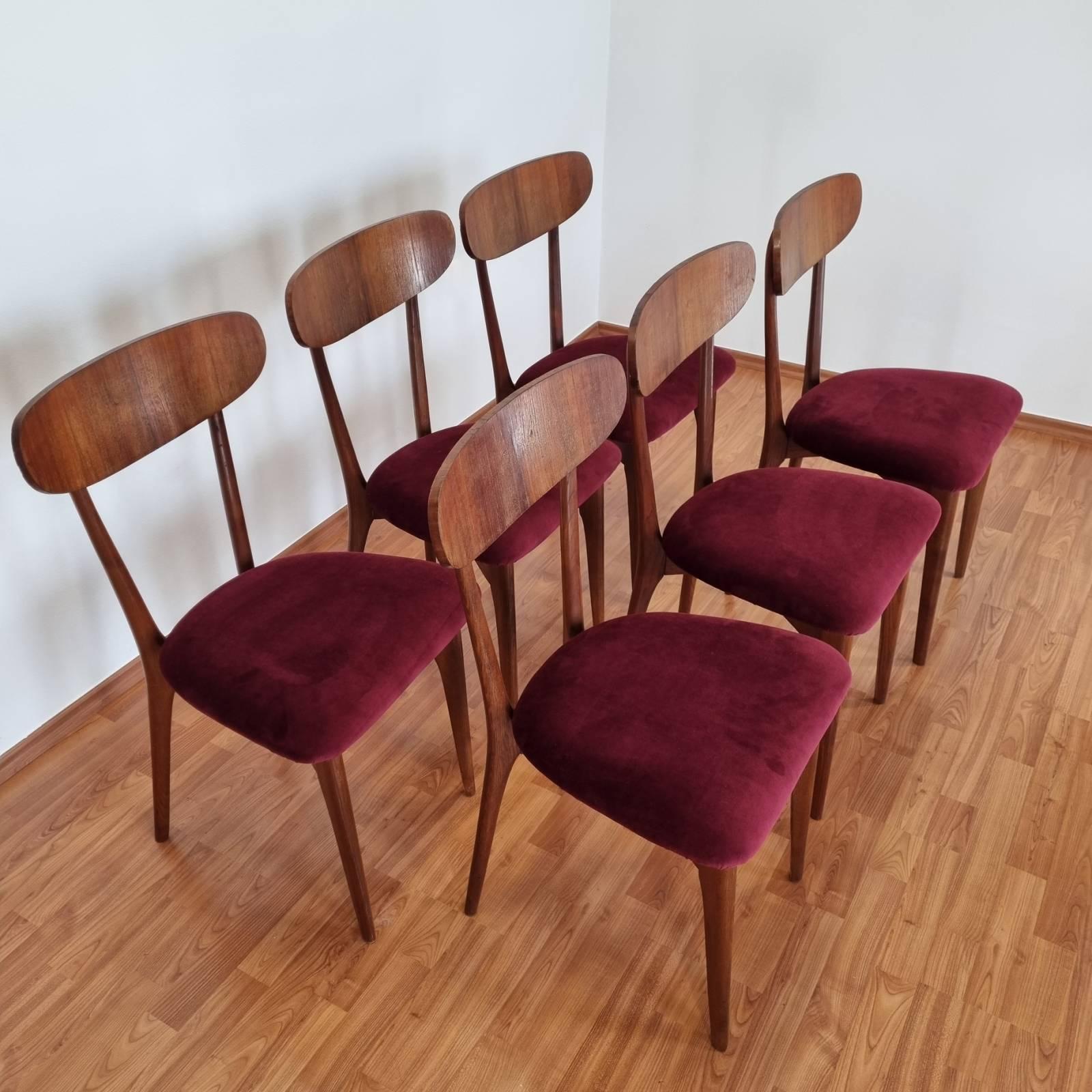 Set of 6 Italian dining chairs in style of Ico Parisi.
Made of beech wood and velvet.
In good vintage condition with minor signs of wear here and there.

The upholstery was recently changed.