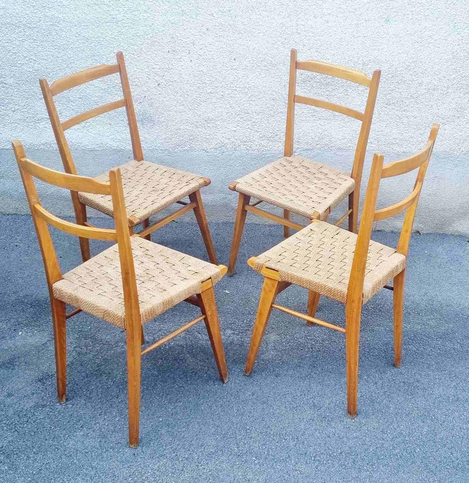 Set of 4 Dining Chairs, wooden with rope seats, were made in Italy in '60s.
These chairs are made of solid beech wood and rope seats. They are very strong and stable! They are in very good vintage condition. They can be used in your living room,