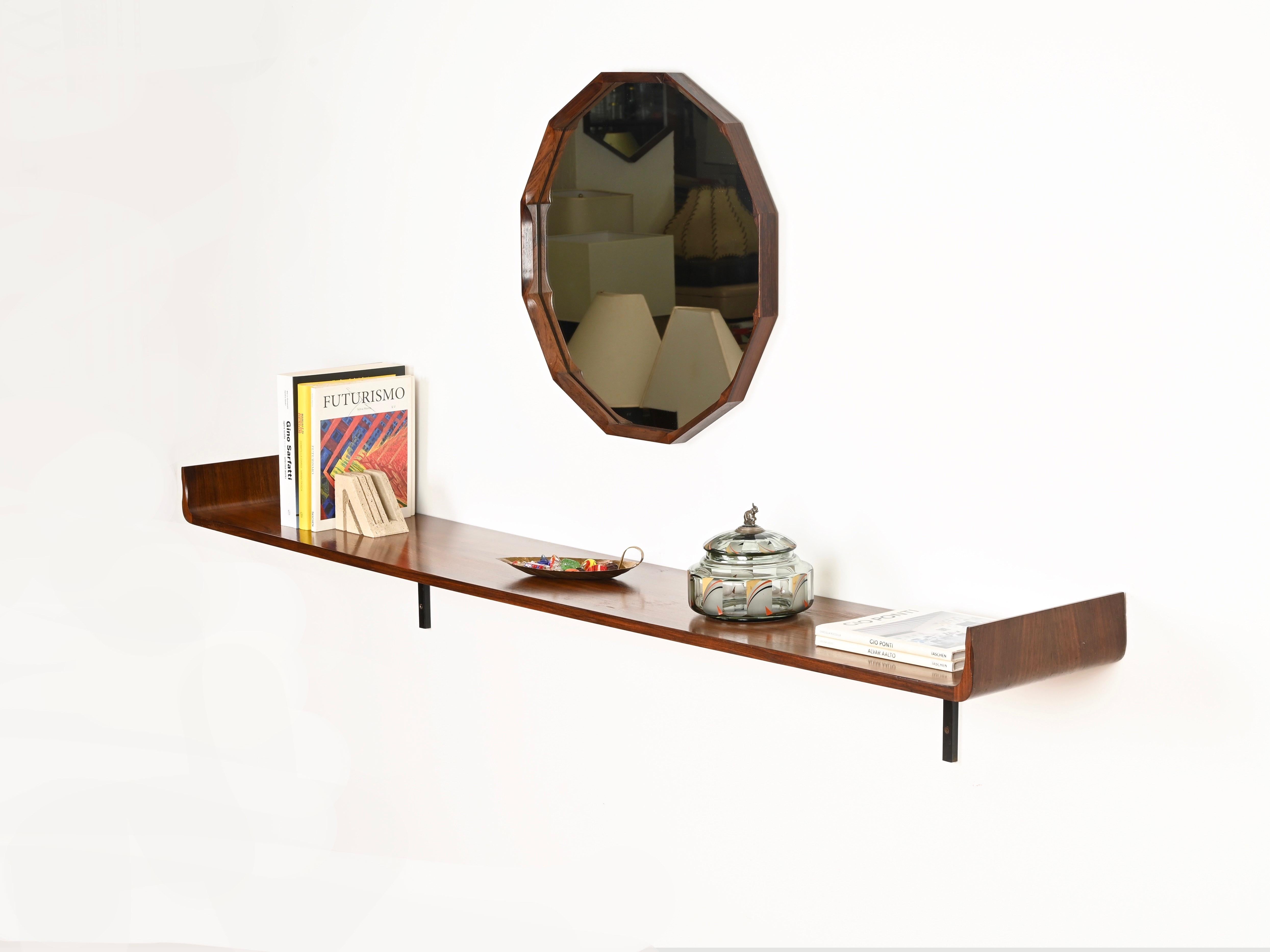 Mid-Century Modern Miroir en teck dodécagonal italien du milieu du siècle par Dino Cavalli, Italie, années 1960 en vente