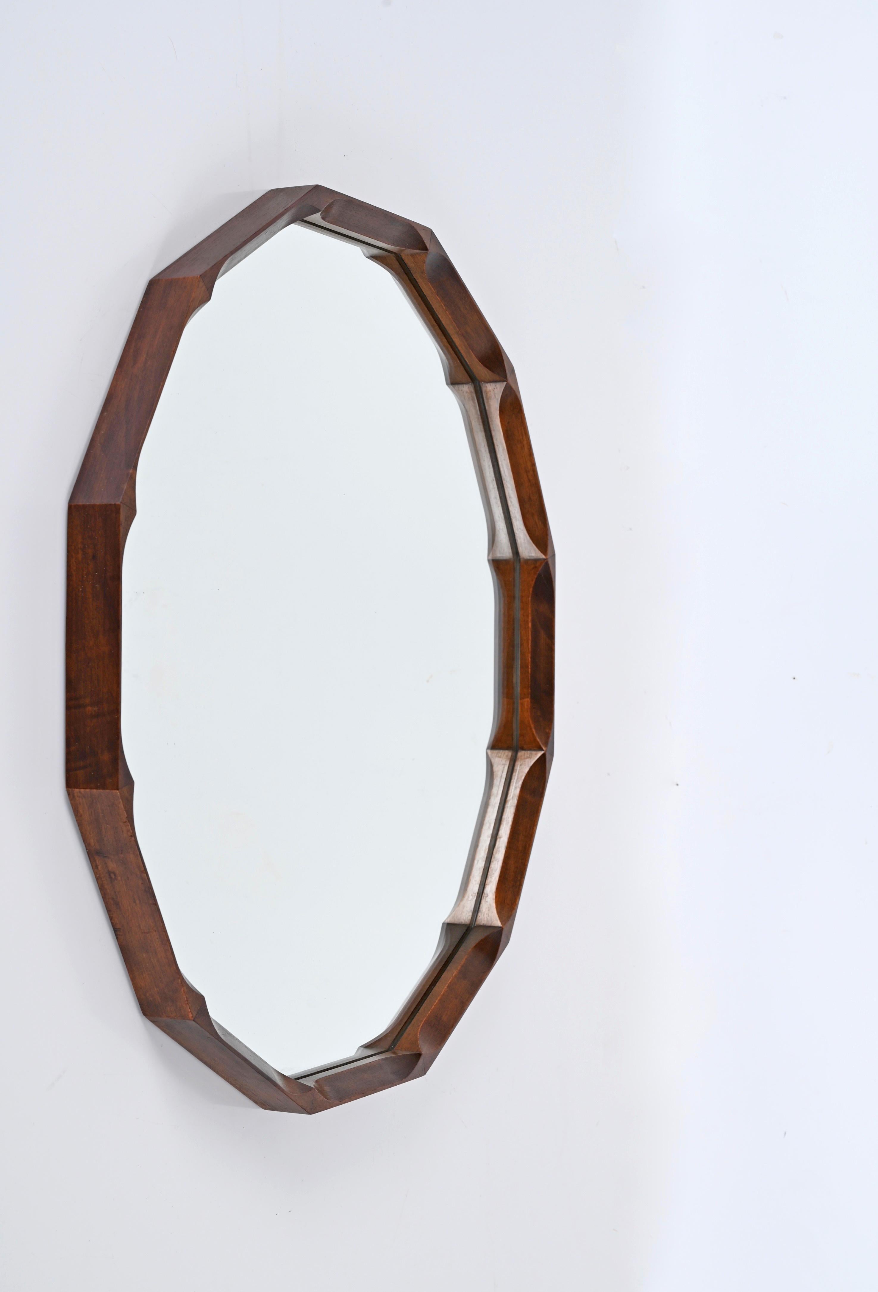 Verre Miroir en teck dodécagonal italien du milieu du siècle par Dino Cavalli, Italie, années 1960 en vente