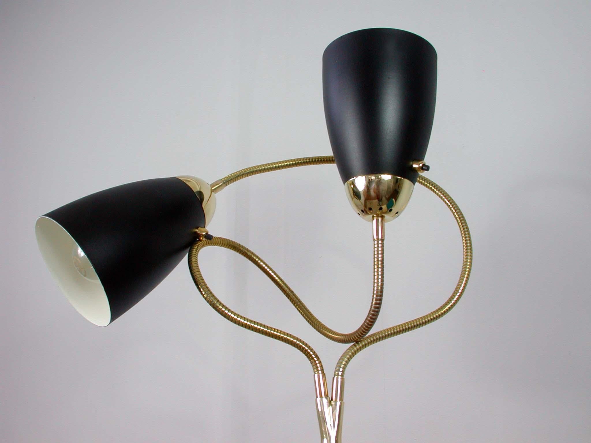 Brass Midcentury Italian Double Gooseneck Floor Lamp, 1950s