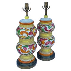 Mid-Century Italian Double Gourd Hand Painted Pottery Table Lamps - Pair