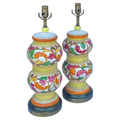 Mid-Century Italian Double Gourd Hand Painted Pottery Table Lamps - Pair