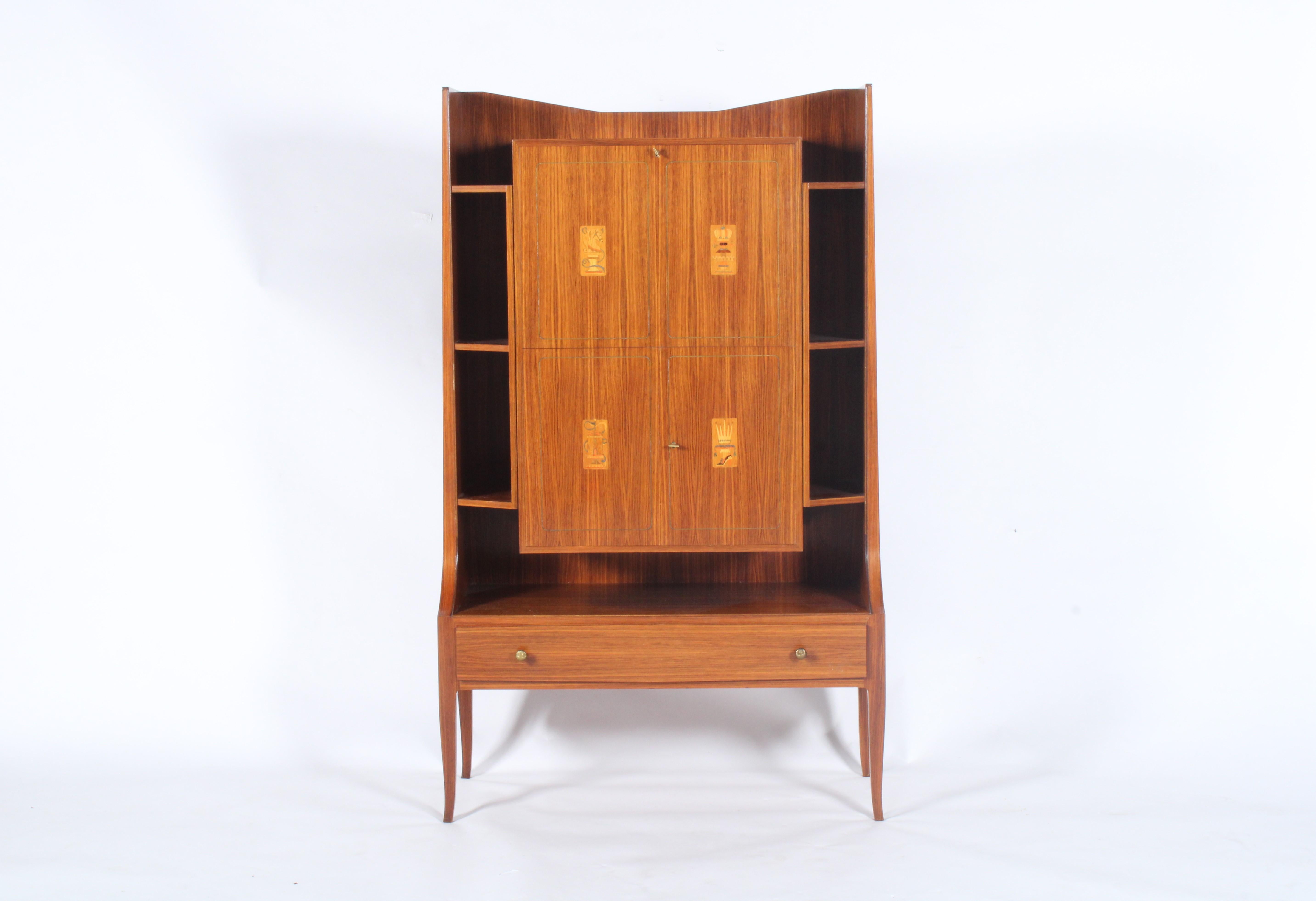 Mid-20th Century Mid Century Italian Drinks Cabinet With Decorative Marquetry Panels For Sale