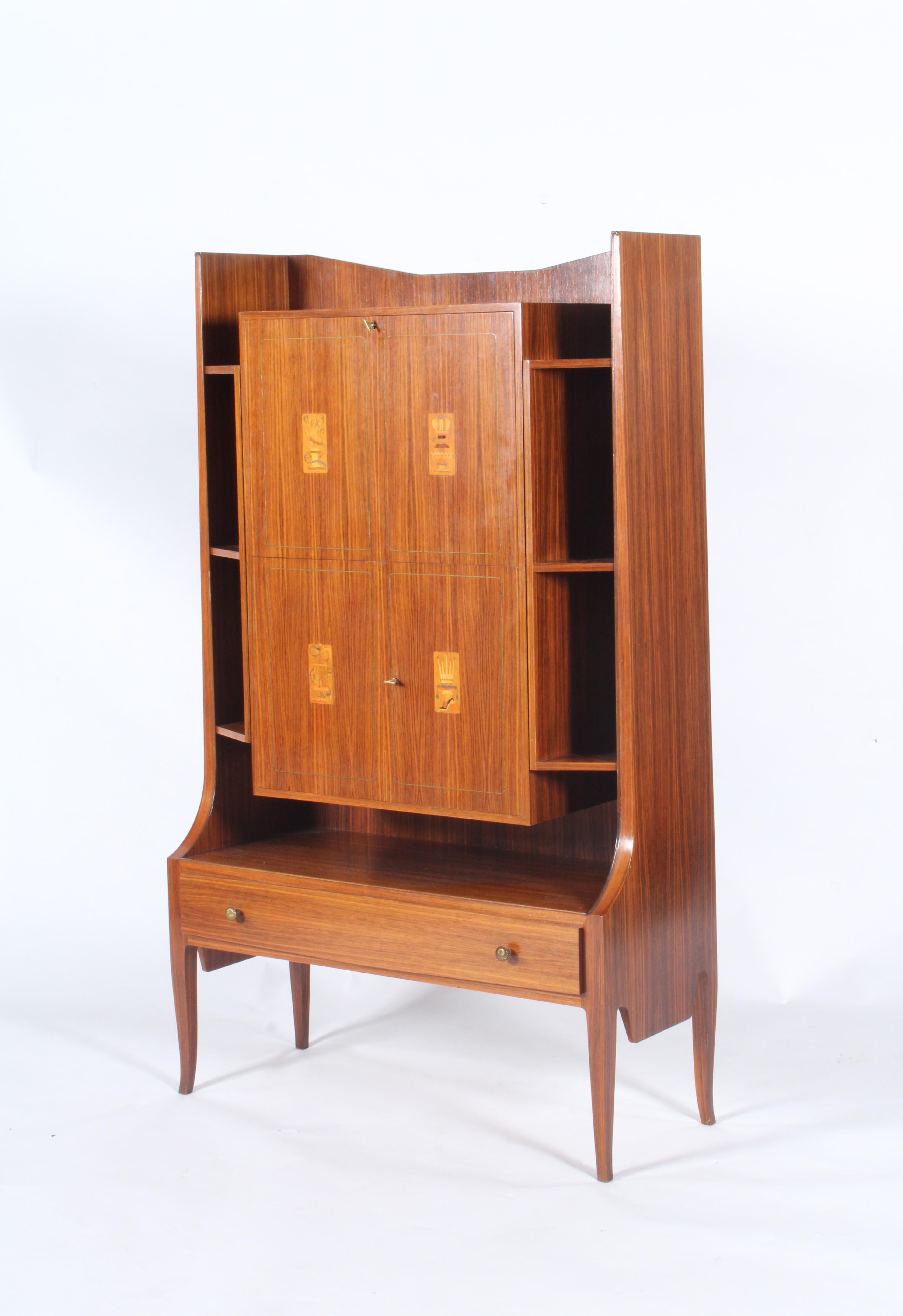 Rosewood Mid Century Italian Drinks Cabinet With Decorative Marquetry Panels For Sale