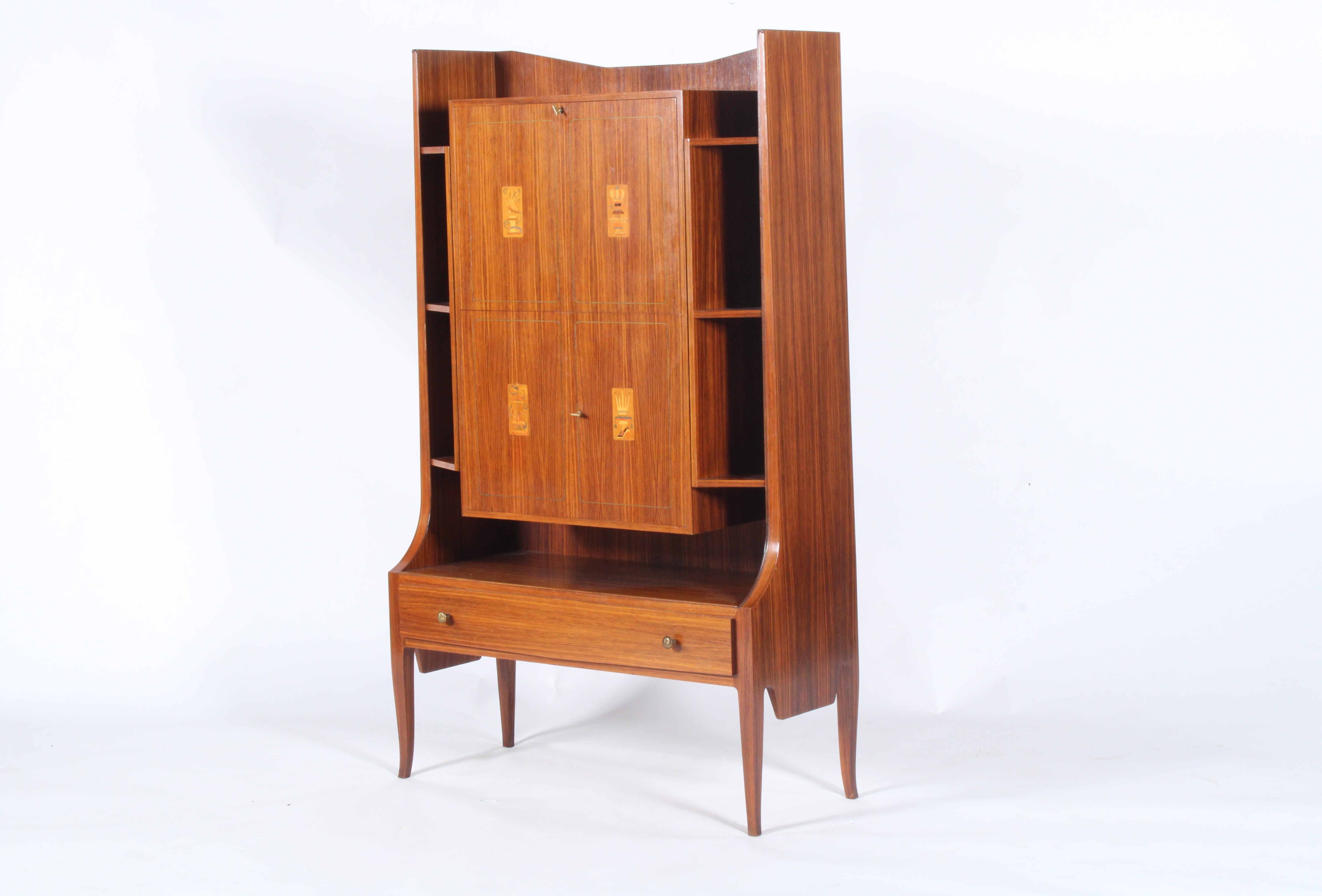 Mid Century Italian Drinks Cabinet With Decorative Marquetry Panels For Sale 2